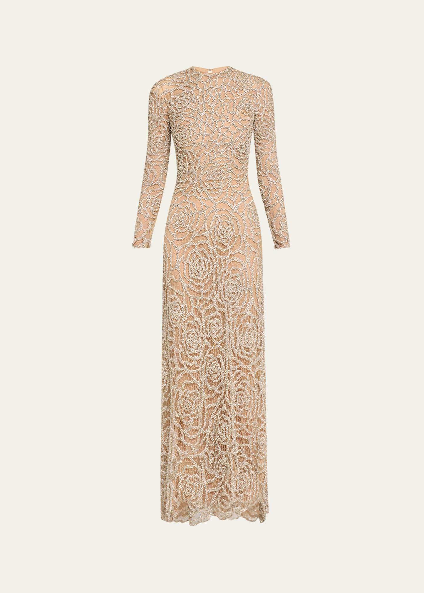 crystal rose cut out long sleeve gown