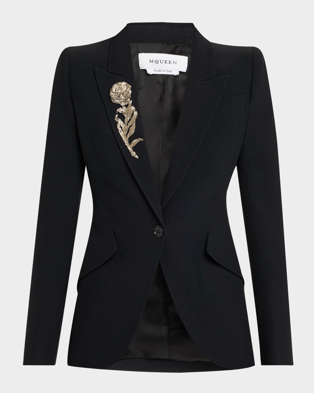 crystal rose embroidered single-breasted blazer