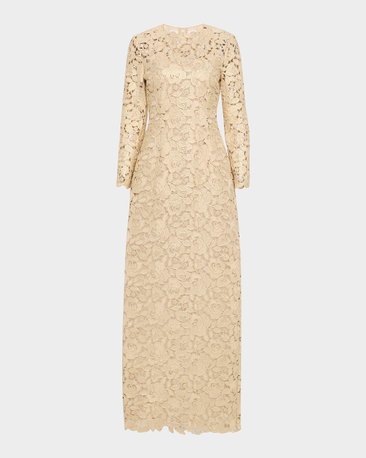 crystal rose guipure long-sleeve gown