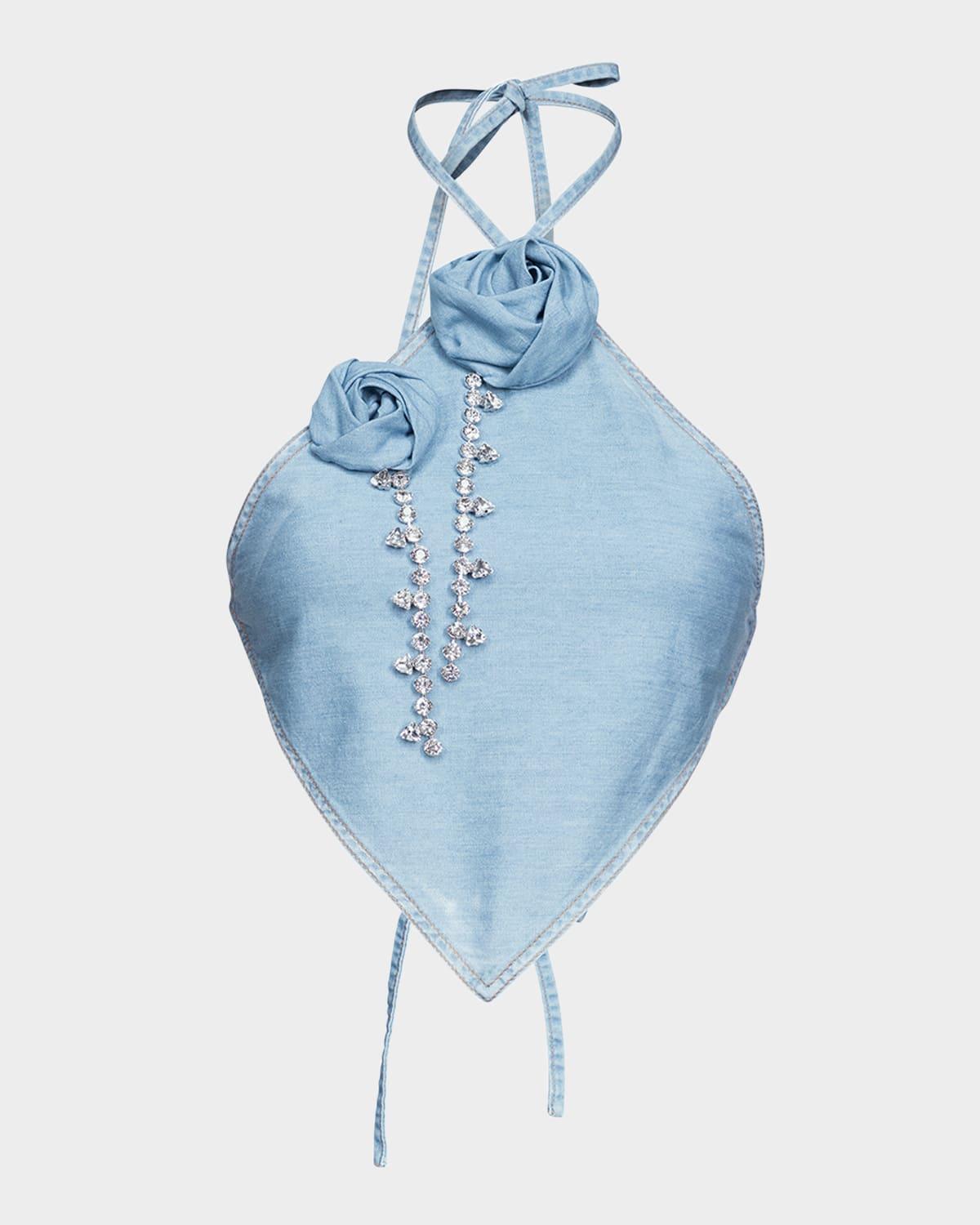 crystal rosette denim handkerchief top