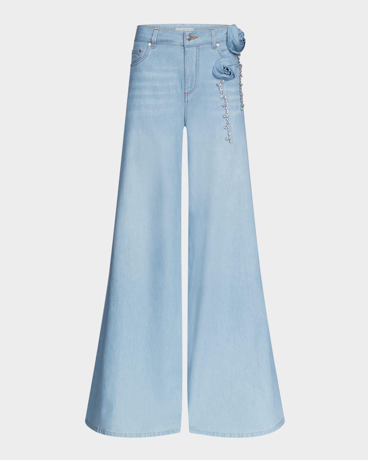crystal rosette wide leg jeans