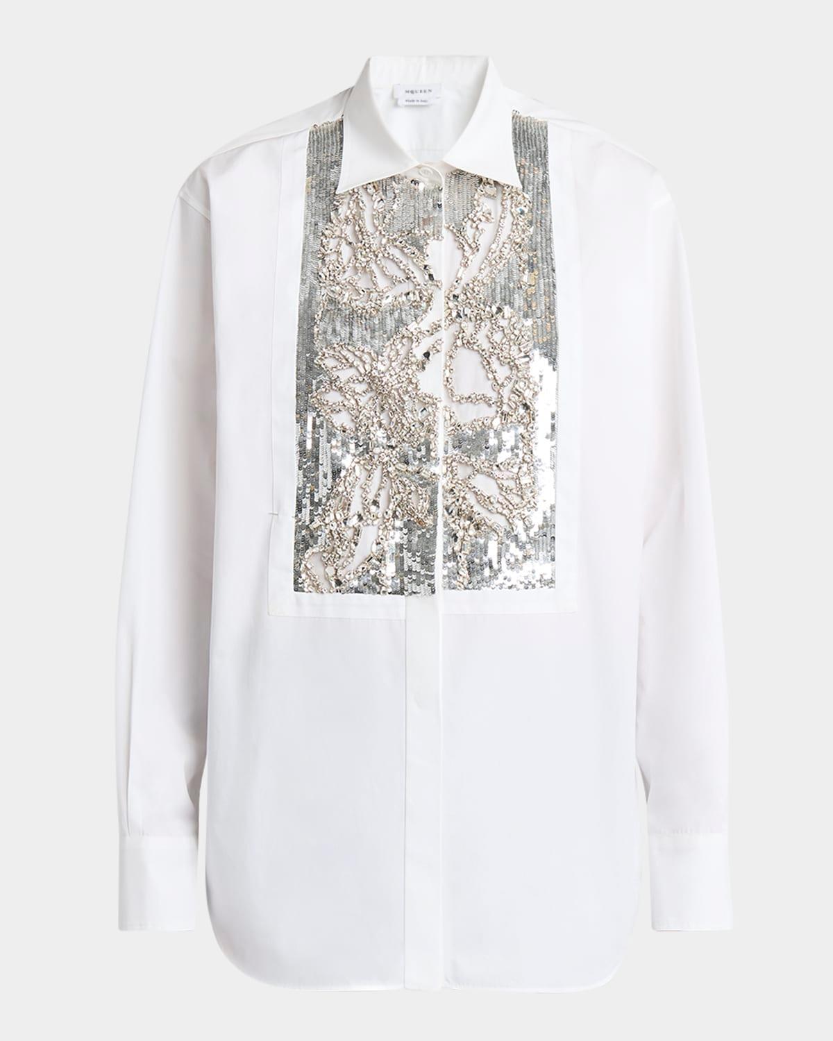 crystal sequined bib button-down blouse