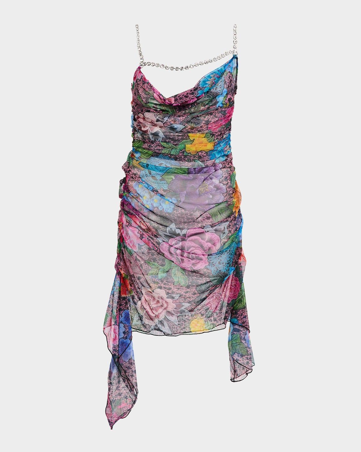 crystal strappy ruched tulle mini dress