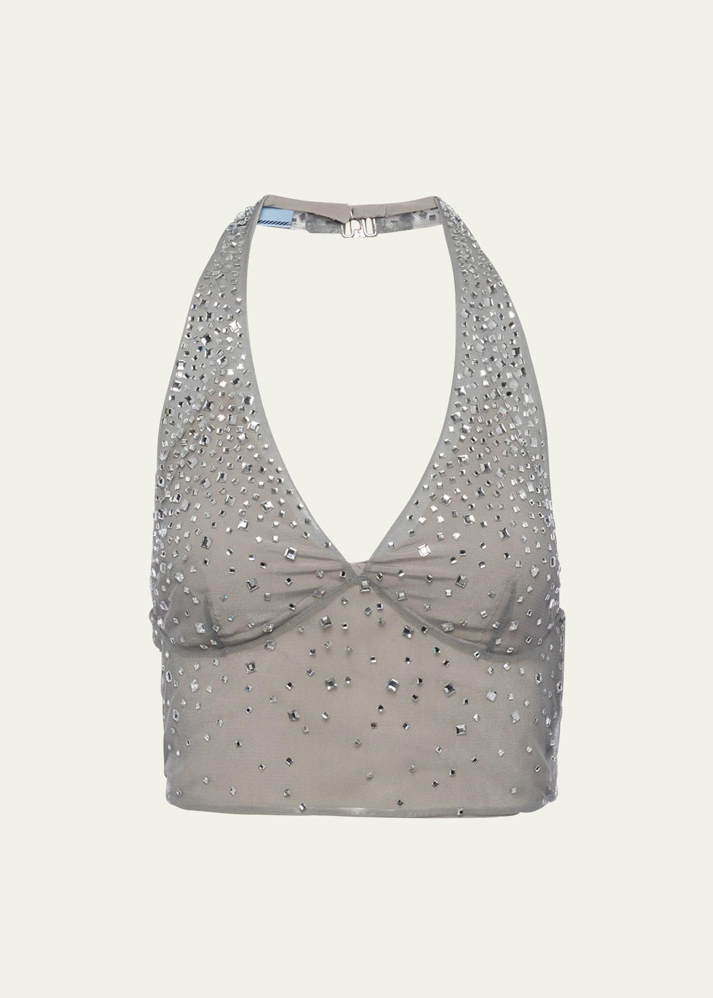 crystal-studded tulle halter top