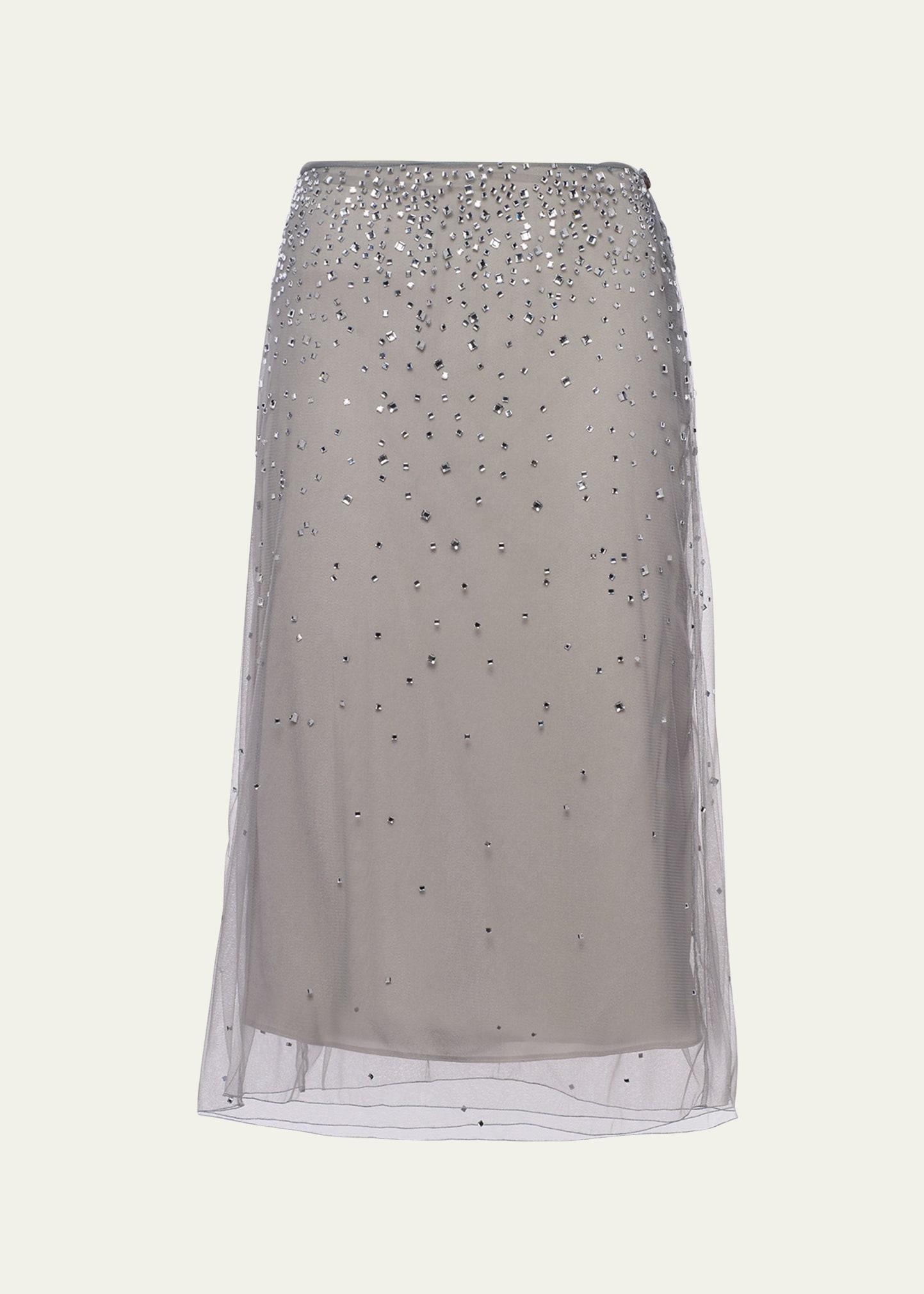 crystal-studded tulle midi skirt