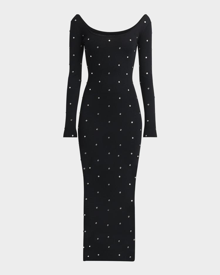 crystal studs long-sleeve knit midi dress