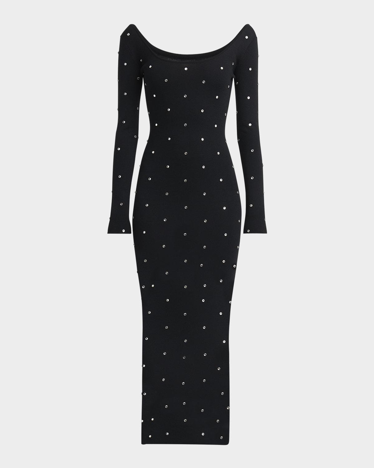 crystal studs long-sleeve knit midi dress