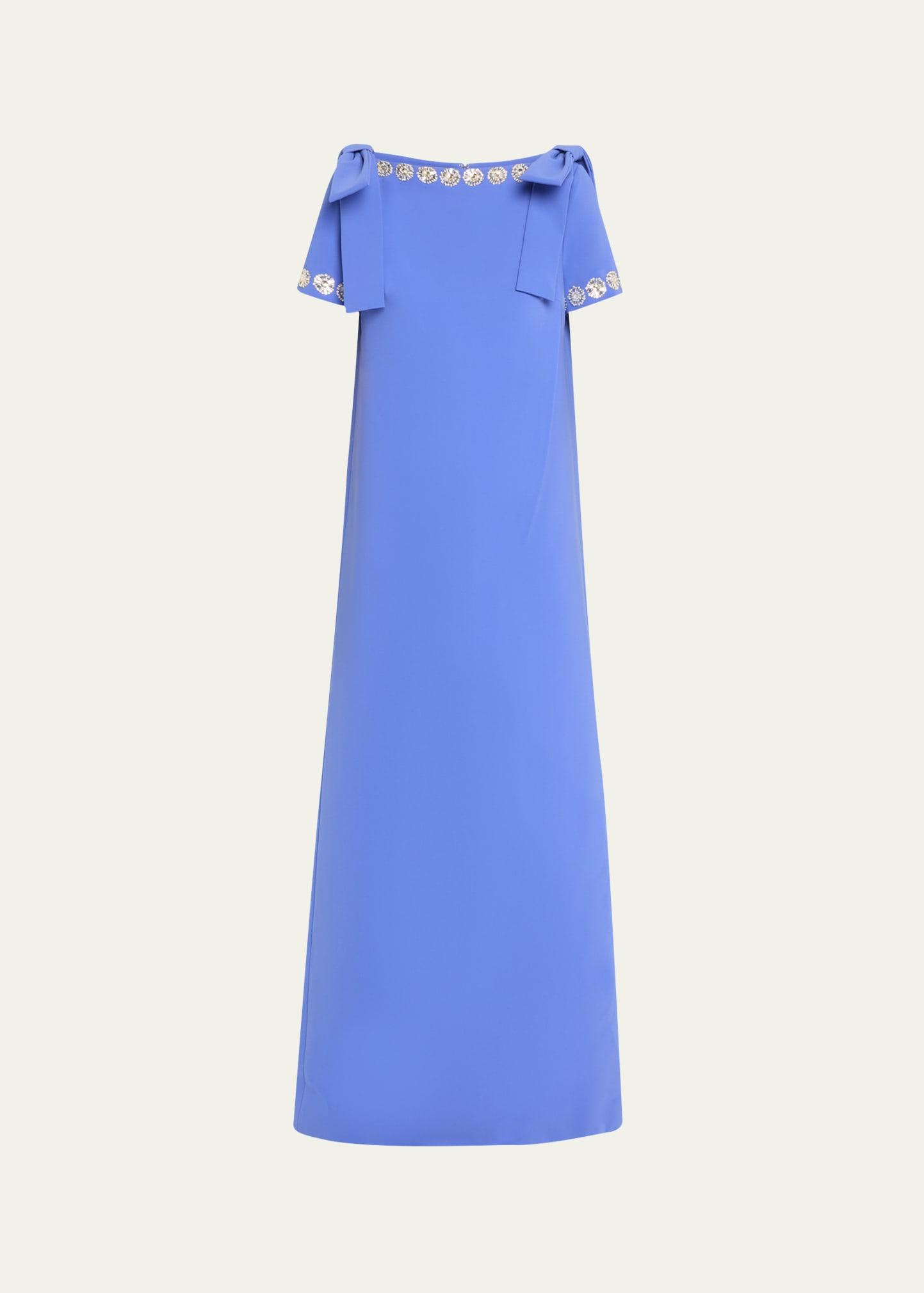 crystal-trim boatneck column gown with shoulder bows