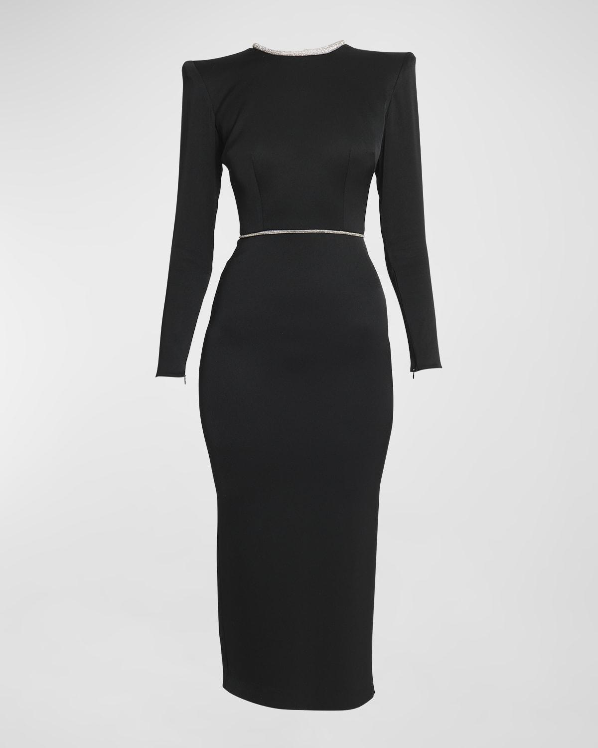 crystal trimmed satin midi dress