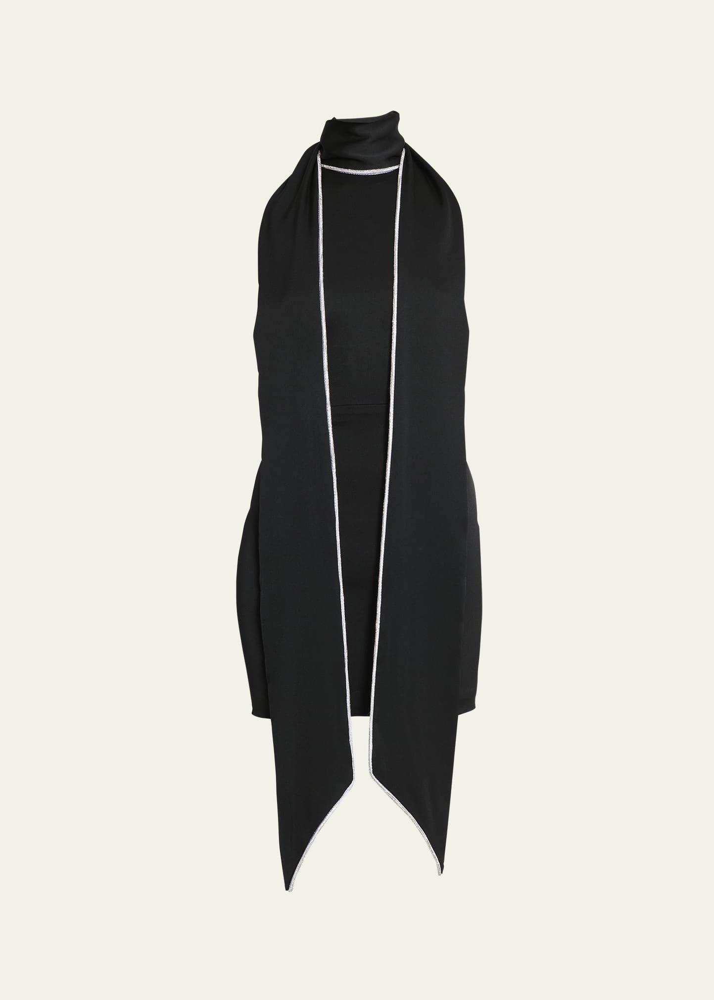 crystal trimmed scarf mini satin dress