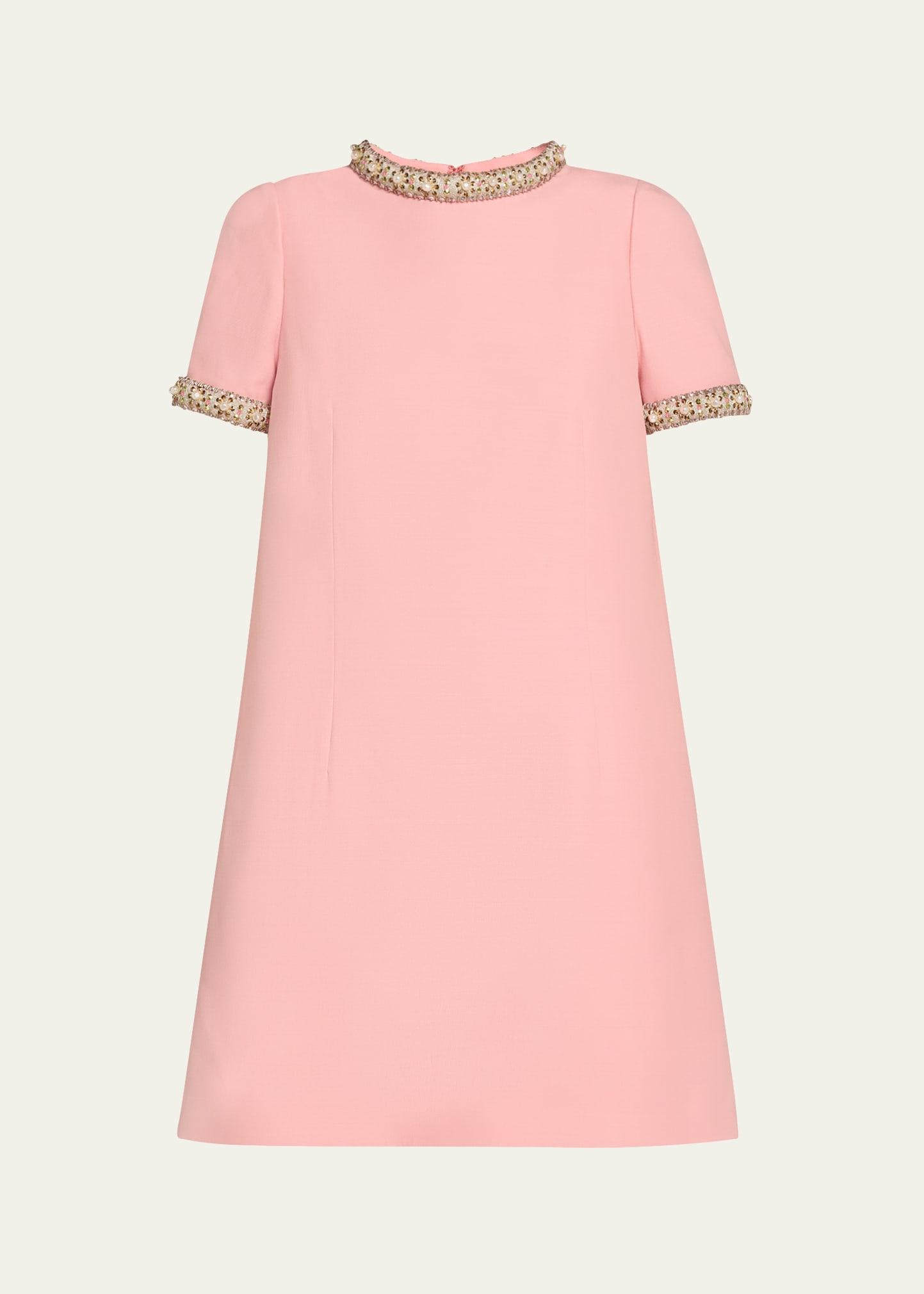 crystal-trimmed short-sleeve shift mini dress
