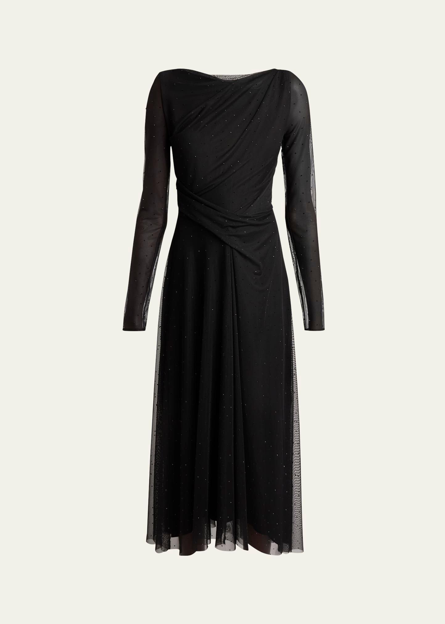 crystal tulle sheer-sleeve midi dress