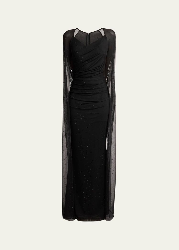 crystal tulle trumpet gown with sheer draped cape