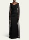 crystal tulle trumpet gown with sheer draped cape