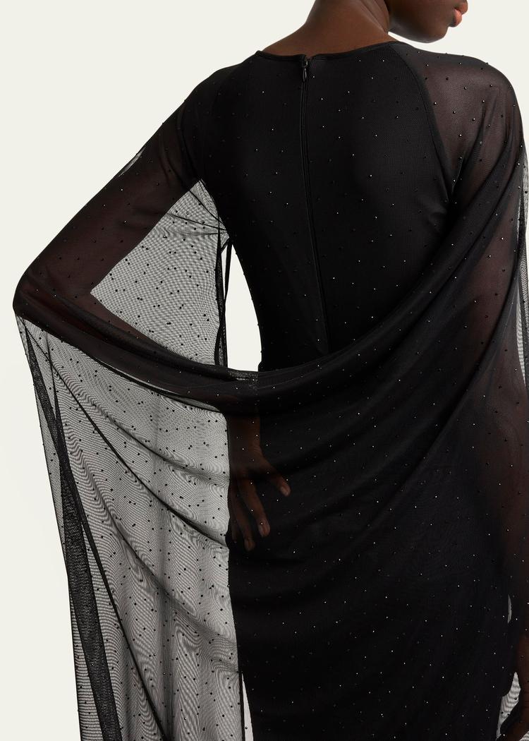 crystal tulle trumpet gown with sheer draped cape