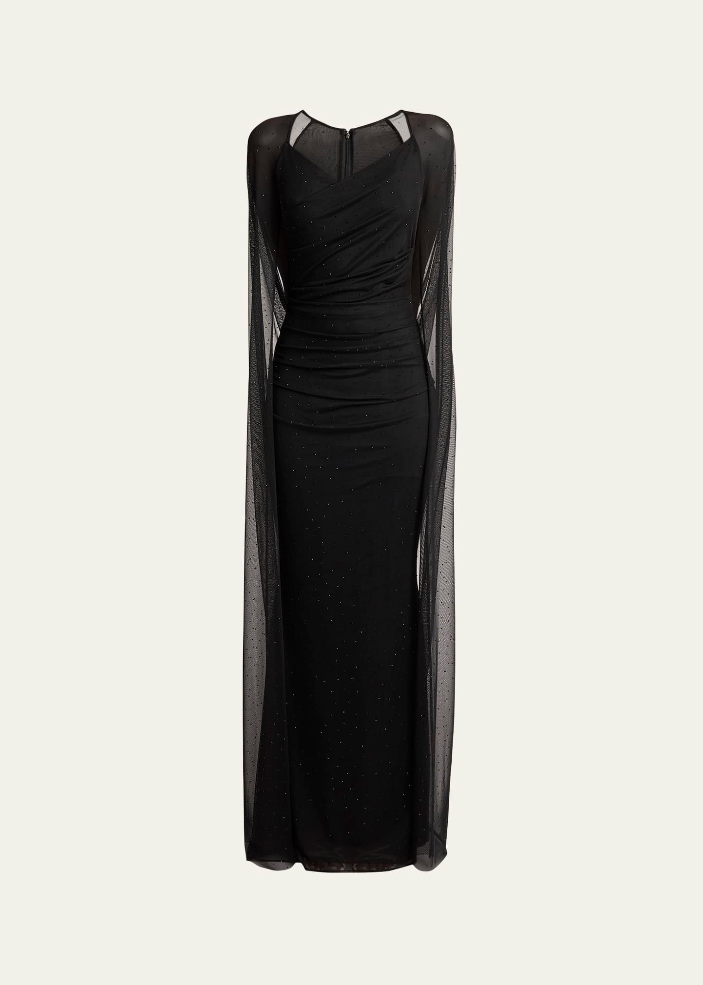 crystal tulle trumpet gown with sheer draped cape