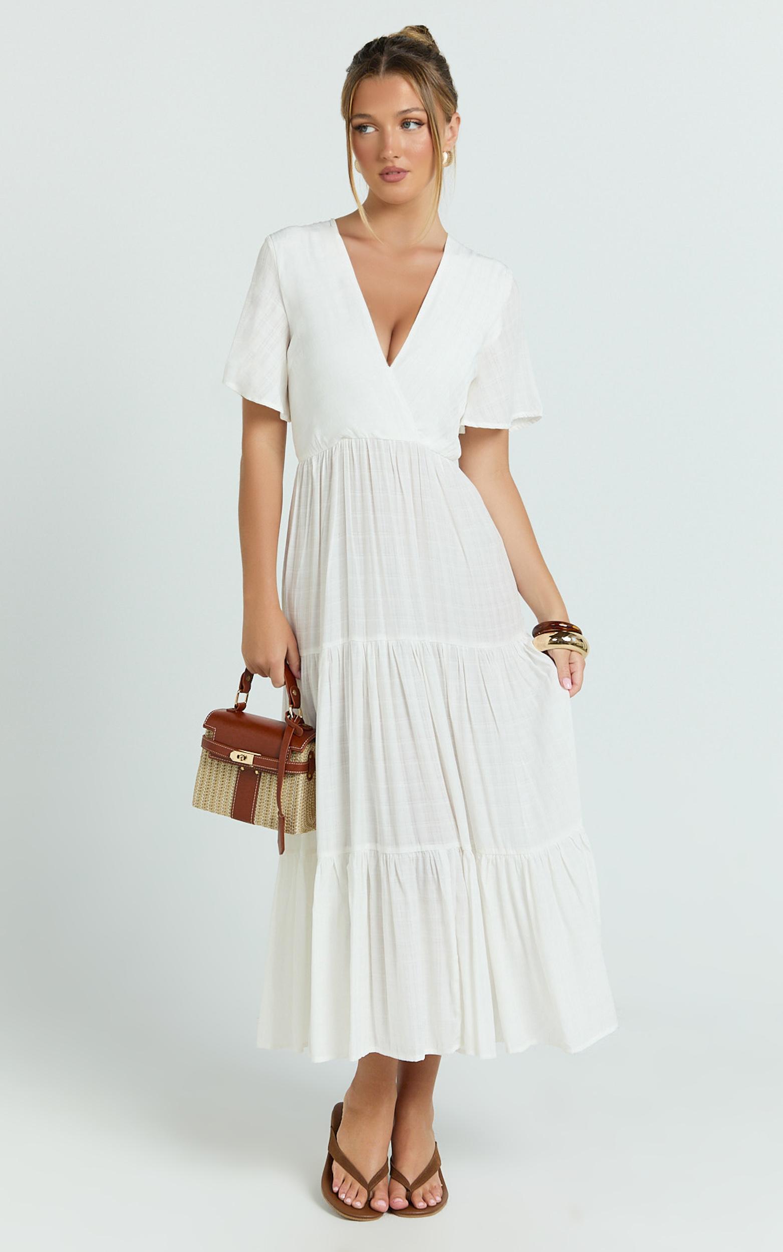 cryzel midi dress - flutter sleeve tiered dress in white