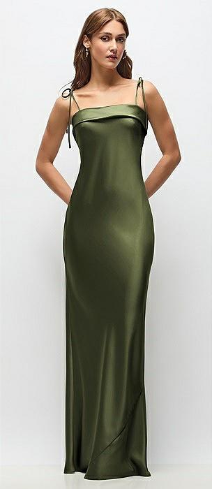 cuff neck satin bias maxi dress with self-tie spaghetti straps