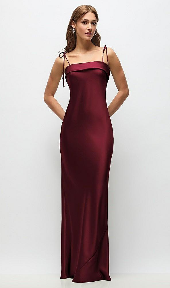 cuff neck satin bias maxi dress with self-tie spaghetti straps