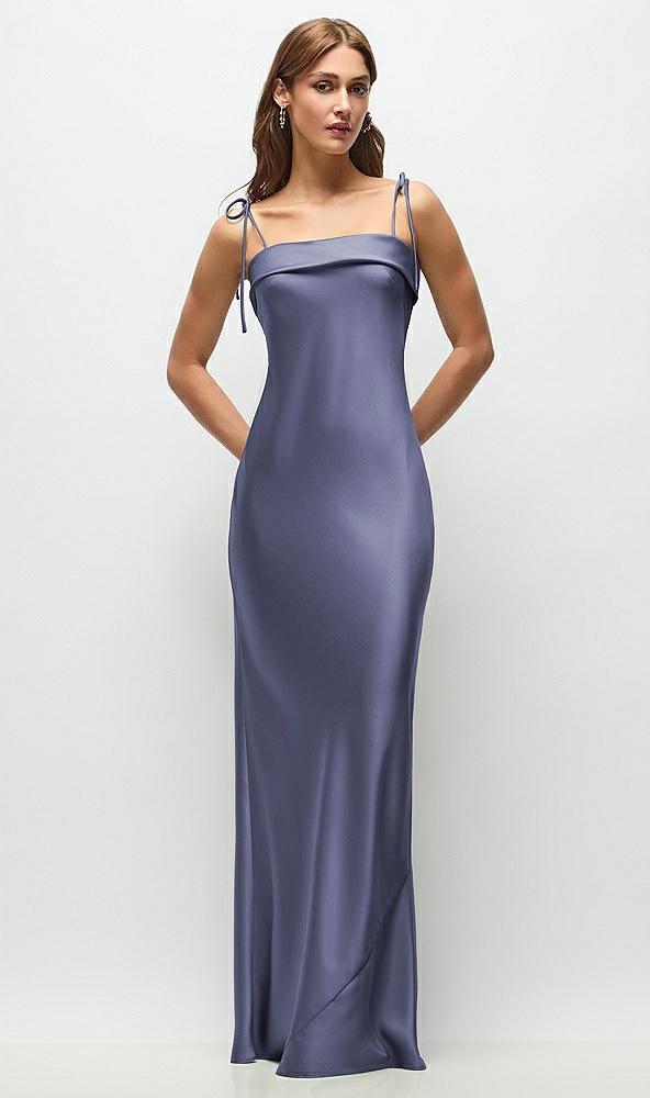 cuff neck satin bias maxi dress with self-tie spaghetti straps