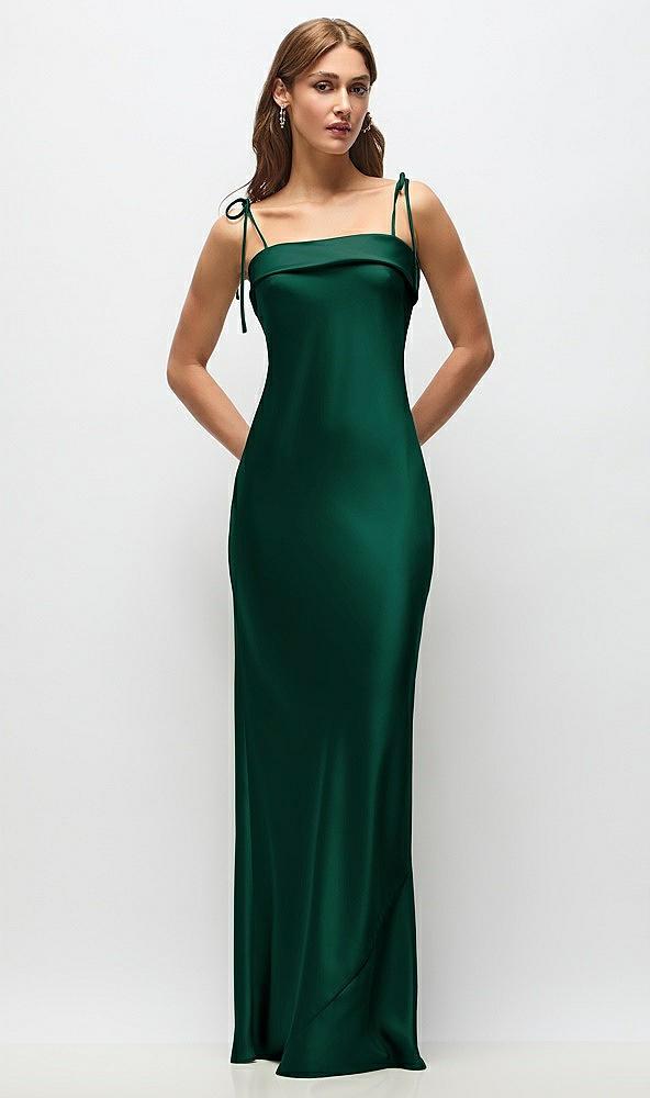 cuff neck satin bias maxi dress with self-tie spaghetti straps
