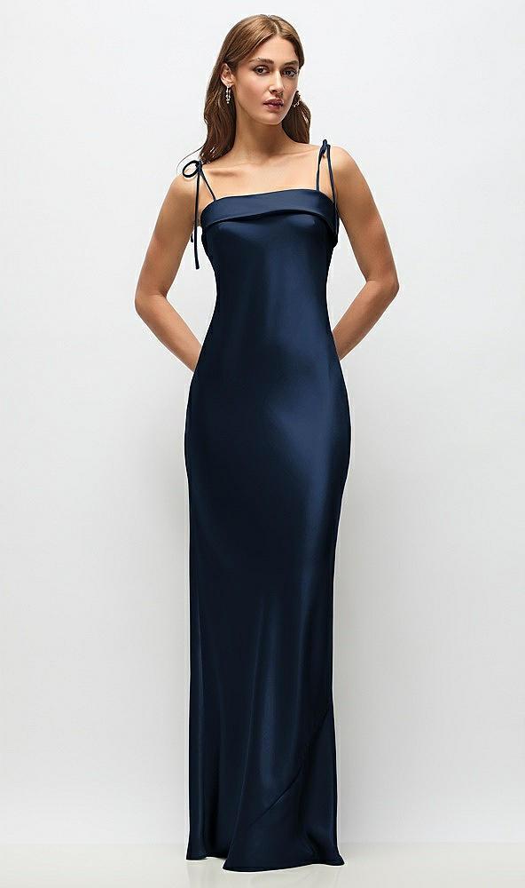 cuff neck satin bias maxi dress with self-tie spaghetti straps