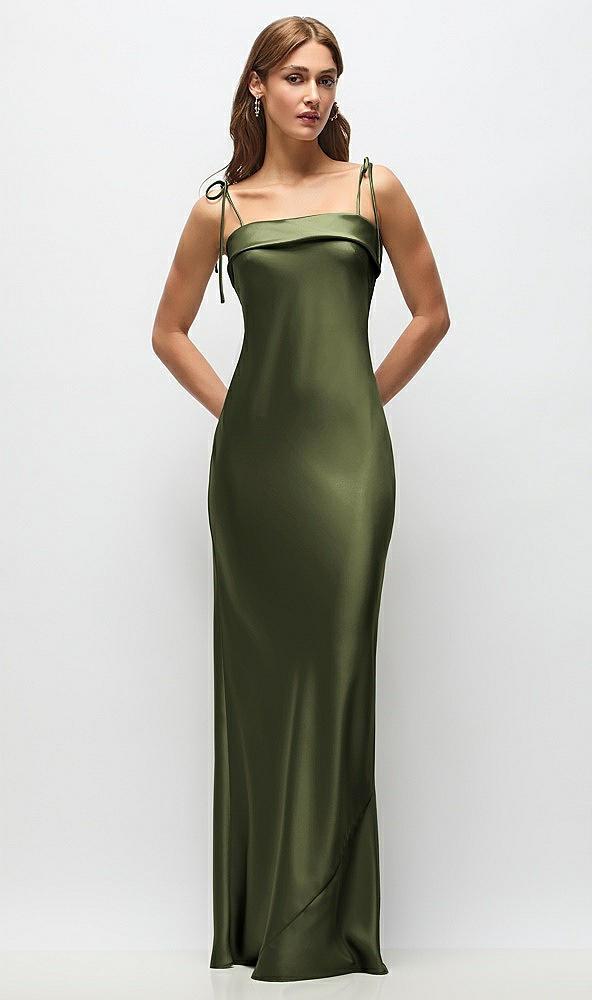 cuff neck satin bias maxi dress with self-tie spaghetti straps