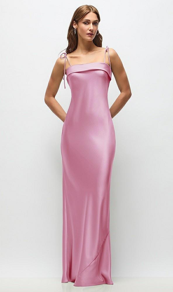 cuff neck satin bias maxi dress with self-tie spaghetti straps