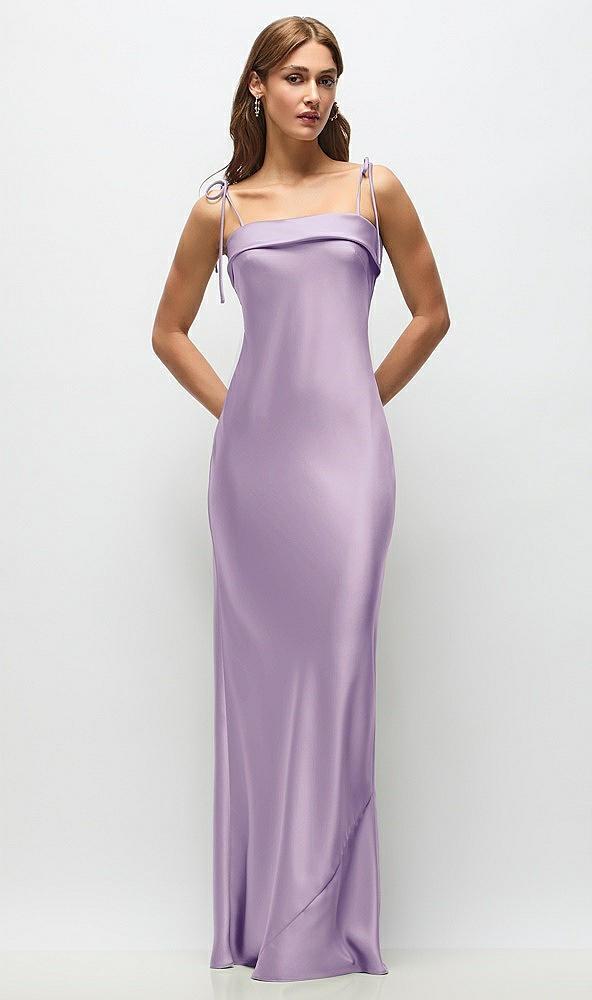 cuff neck satin bias maxi dress with self-tie spaghetti straps