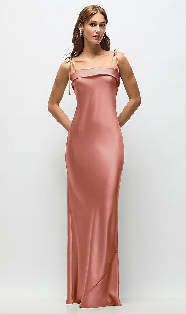 cuff neck satin bias maxi dress with self-tie spaghetti straps