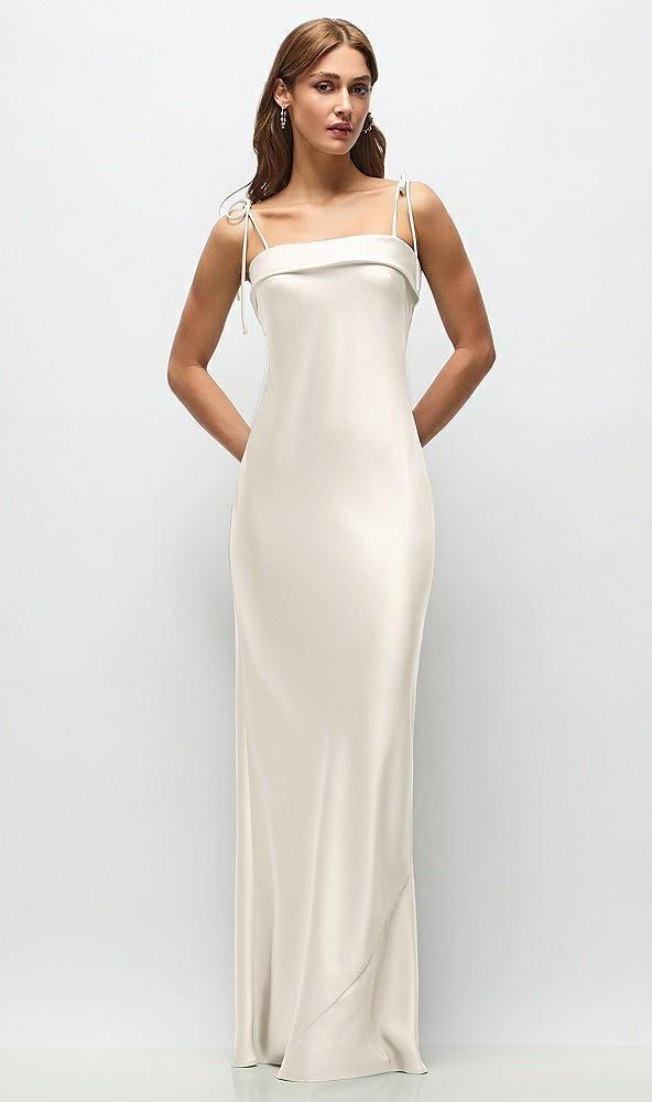cuff neck satin bias maxi dress with self-tie spaghetti straps