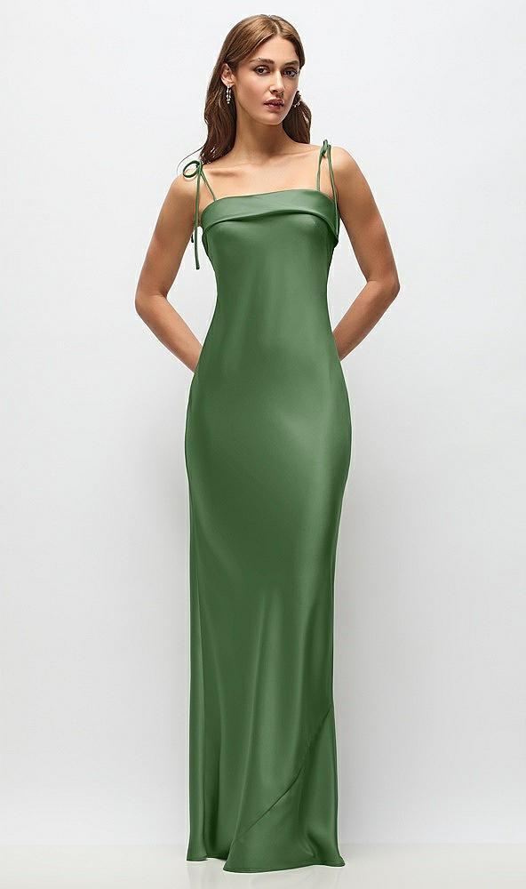 cuff neck satin bias maxi dress with self-tie spaghetti straps