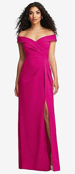 cuffed off-the-shoulder pleated faux wrap maxi dress