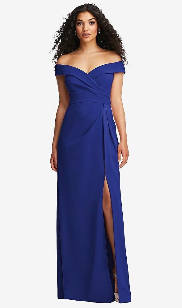 cuffed off-the-shoulder pleated faux wrap maxi dress