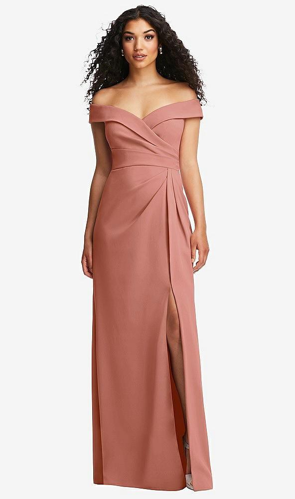 cuffed off-the-shoulder pleated faux wrap maxi dress