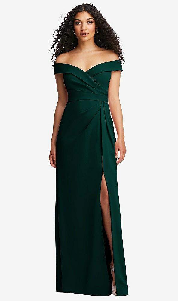 cuffed off-the-shoulder pleated faux wrap maxi dress