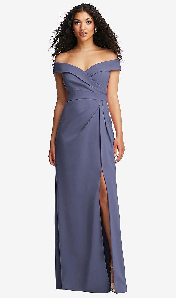 cuffed off-the-shoulder pleated faux wrap maxi dress