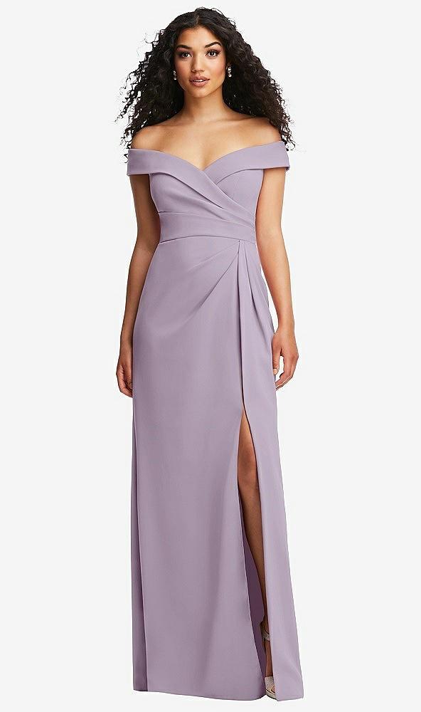 cuffed off-the-shoulder pleated faux wrap maxi dress