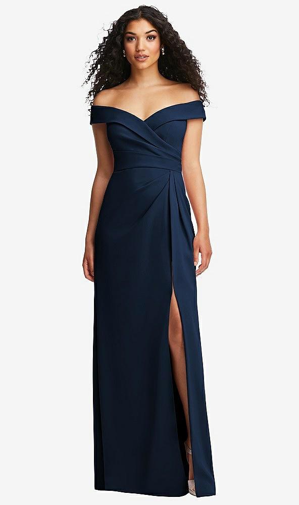 cuffed off-the-shoulder pleated faux wrap maxi dress
