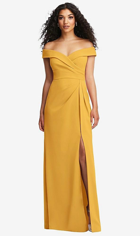 cuffed off-the-shoulder pleated faux wrap maxi dress