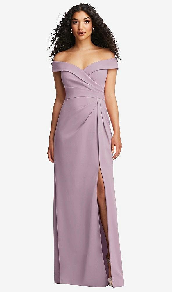 cuffed off-the-shoulder pleated faux wrap maxi dress