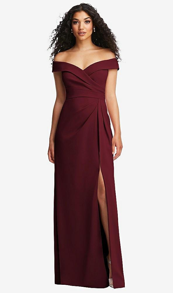 cuffed off-the-shoulder pleated faux wrap maxi dress