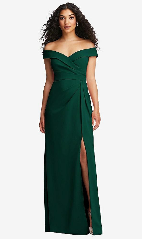 cuffed off-the-shoulder pleated faux wrap maxi dress