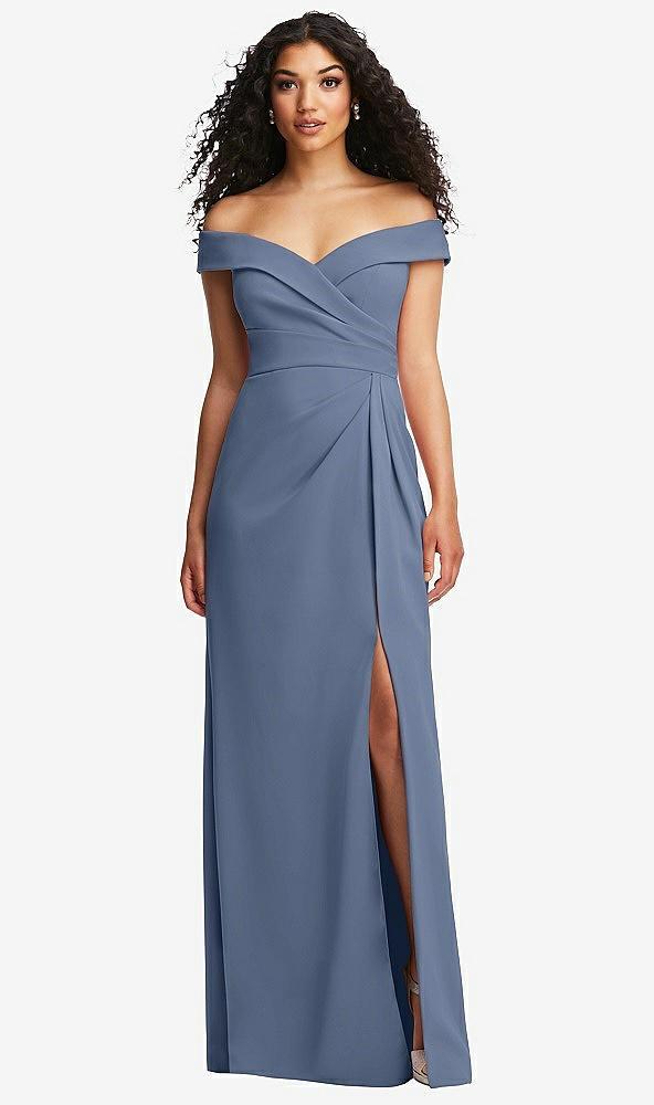 cuffed off-the-shoulder pleated faux wrap maxi dress