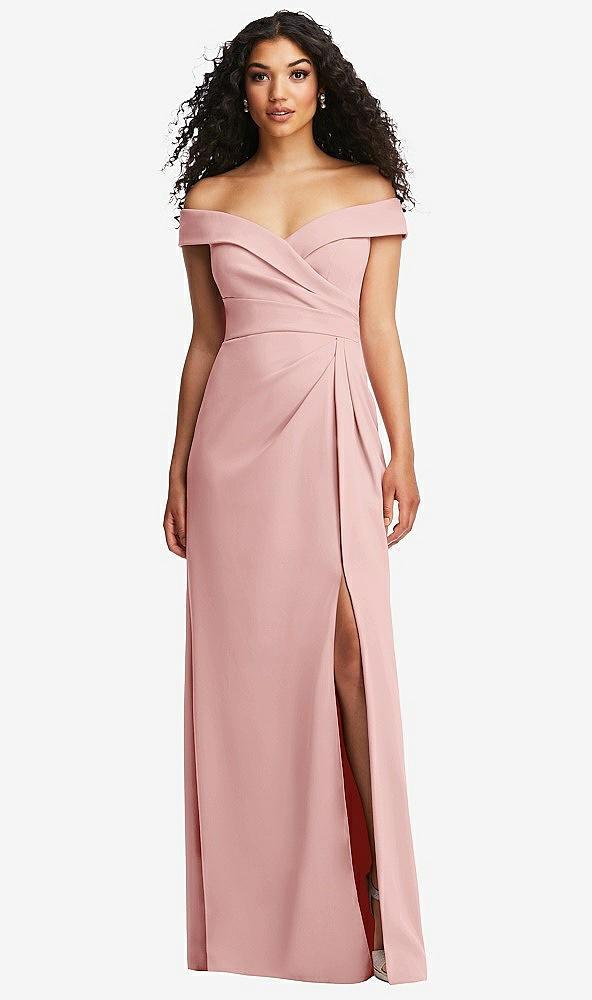 cuffed off-the-shoulder pleated faux wrap maxi dress