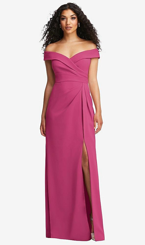 cuffed off-the-shoulder pleated faux wrap maxi dress