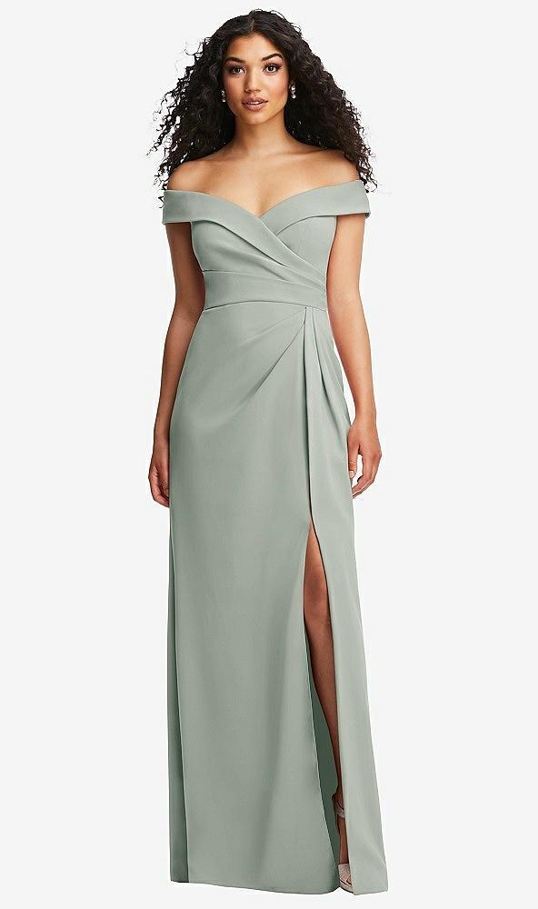 cuffed off-the-shoulder pleated faux wrap maxi dress