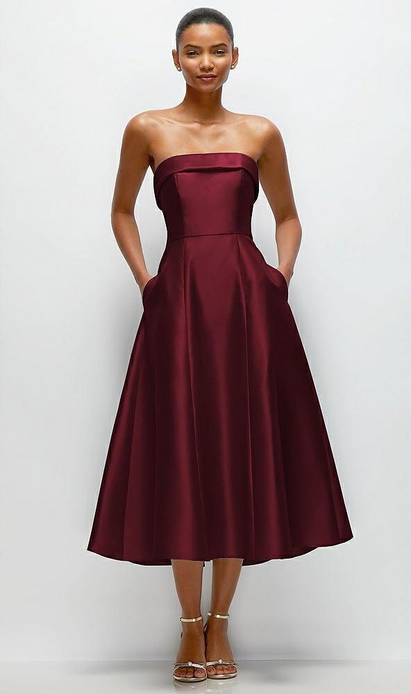 cuffed strapless satin twill midi dress with full skirt and pockets