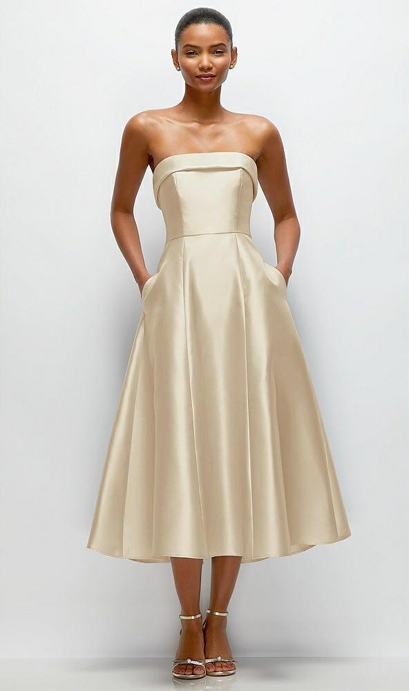 cuffed strapless satin twill midi dress with full skirt and pockets