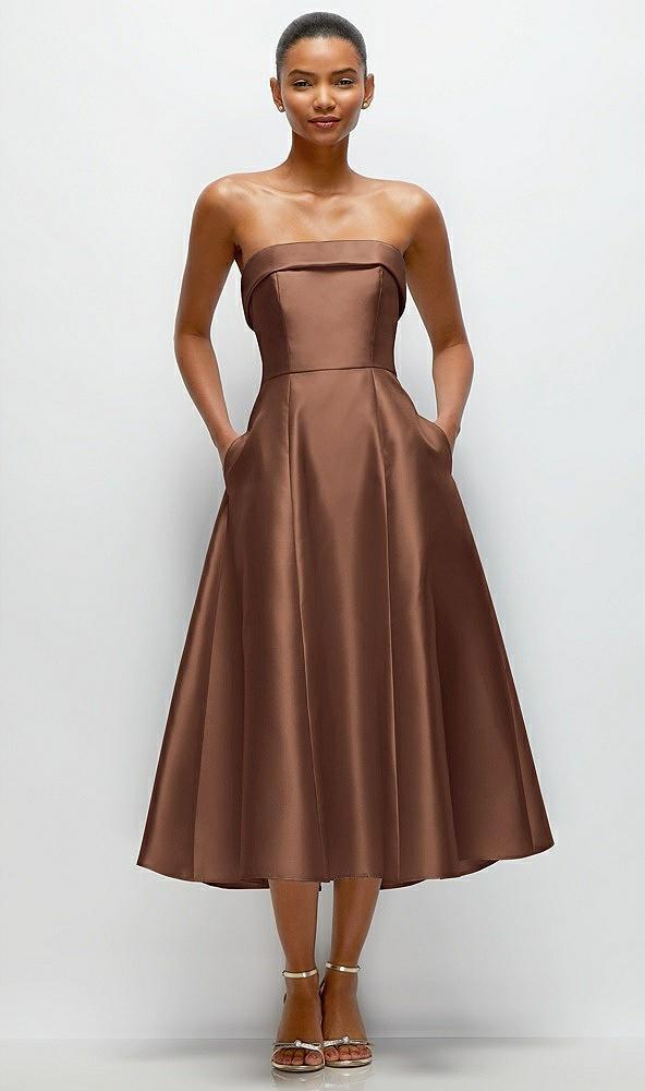 cuffed strapless satin twill midi dress with full skirt and pockets